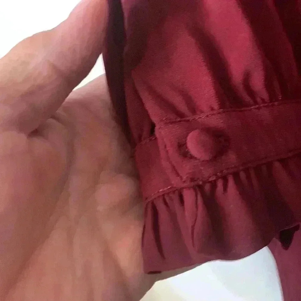 Karl Lagerfeld Maroon, Long Sleeve Blouse  w Ruffled Sleeves, Loose Fitting - Picture 10 of 11